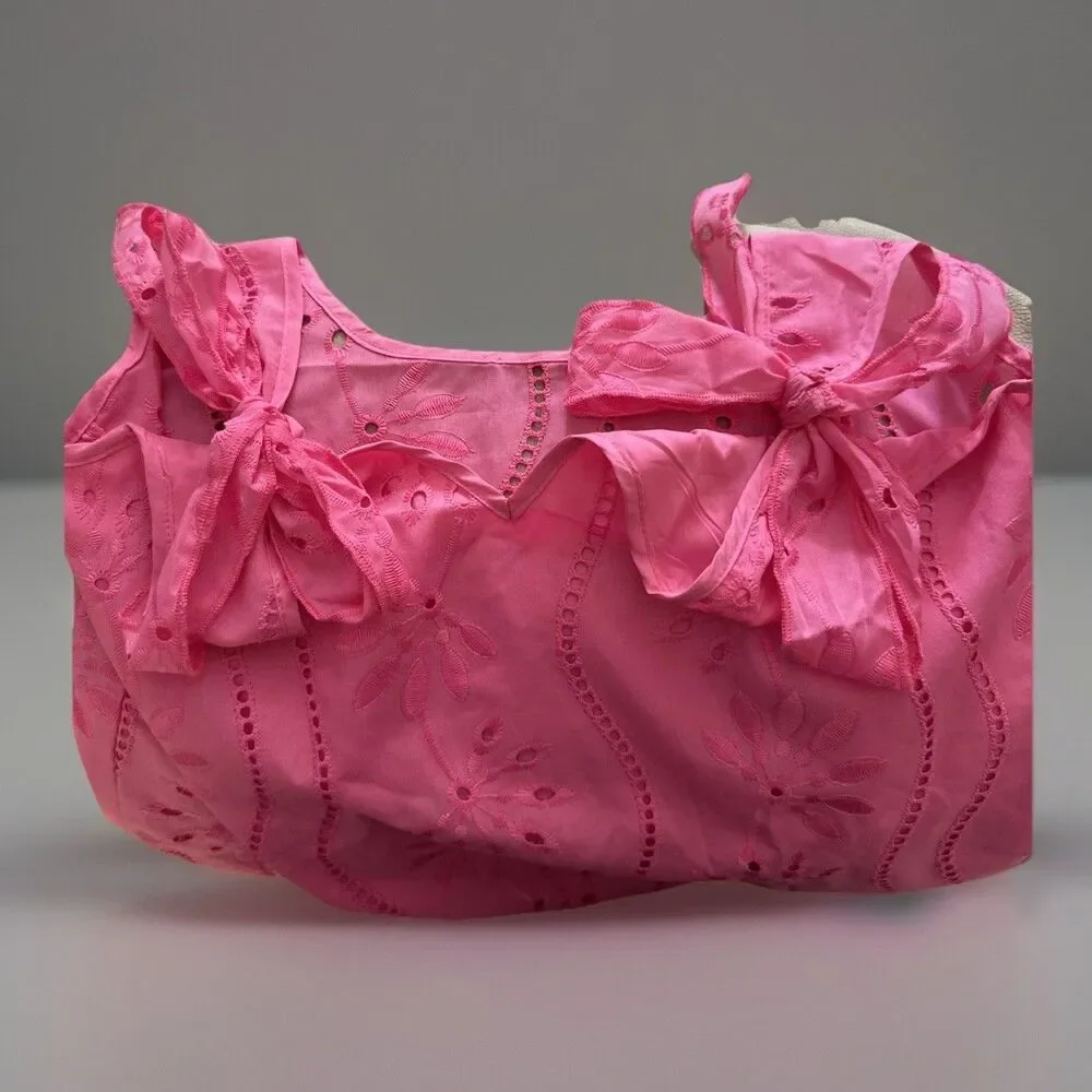 Women's Medium Ruffle Babydoll Tank Top Pink‎ Bow Coquette Romantic Y2K